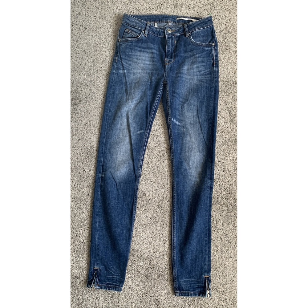 ZARA WOMAN Jeans Mid Rise Slim Fit Zipper Cuff Distressed Denim Blue Size 2